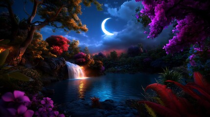 Enchanted Night Waterfall Landscape: A Dreamlike Scene