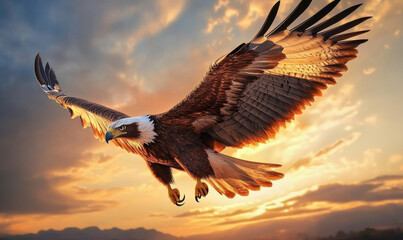 Naklejka premium A white headed eagle flying in the clouds at the top of a high mountain