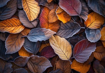Fototapeta premium Frost-covered fallen leaves in vibrant autumn colors on the ground, creating a beautiful natural texture that captures the essence of seasonal change in a serene landscape