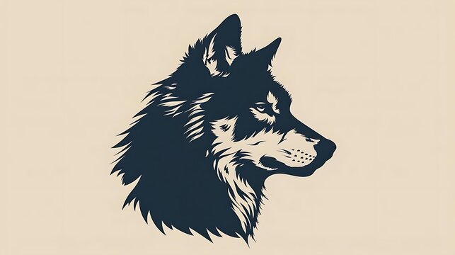 Stylized wolf head profile in dark blue on beige background.