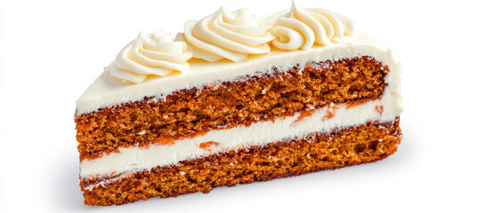 Slice of carrot cake with creamy frosting on white background isolated design on white background