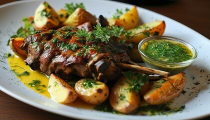 Herb-Crusted Lamb Dinner with Roasted Potatoes and Fresh Green Sauce on White Plate