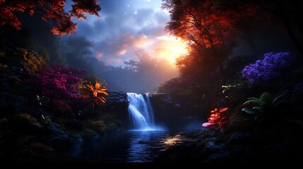 Fototapeta premium Enchanted Waterfall in a Mystical Forest at Sunset