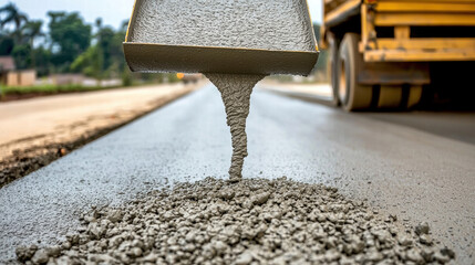 Concrete construction. Concrete being poured on a construction site for road development.