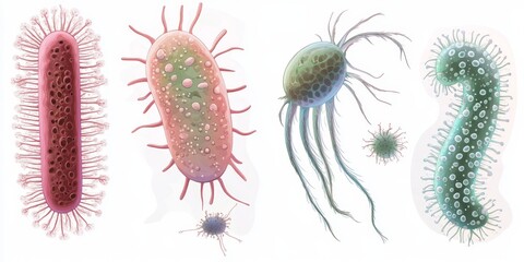 Naklejka premium Illustrations depicting bacteria and parasites in a medical context offer detailed visual representations of these microorganisms and their characteristics.