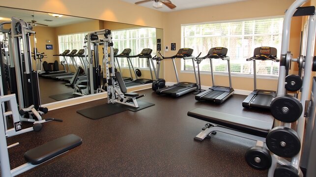 Modern Gym Interior with Fitness Equipment and Workout Machines