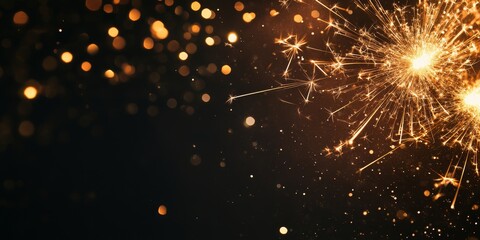 Obraz premium A top down view presents a festive background featuring a border of shimmering gold sparklers against a black background, offering plenty of space for text.