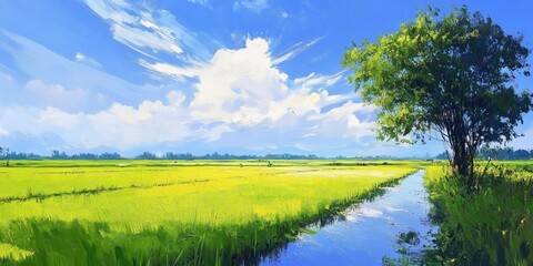 Fototapeta premium Vibrant green plants in paddy fields contrast beautifully with the blue open sky, creating a stunning scenery that reflects the essence of summer. This landscape showcases nature s coolness and charm.