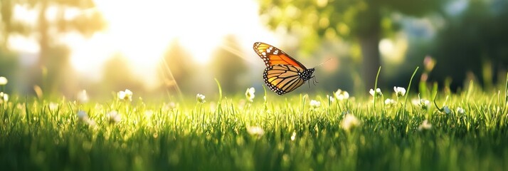 A Beautiful Monarch Butterfly Gracefully Soars High Above the Vibrant Green Grass in a Bright, Sunlit Easter Garden, Embracing the Joys of Spring and Natures Renewal During This Festive Season