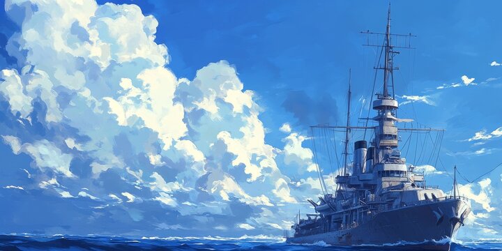 Ship structures, including masts, antennas, and funnel, along with the ship wheelhouse, stand out against a backdrop of blue sky and clouds as the ship travels across the ocean.