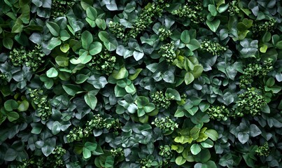Lush green foliage wall, textured background of leaves.