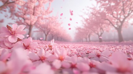 Fototapeta premium Pink Cherry Blossoms Falling Softly In A Dreamlike Orchard