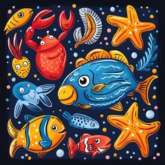 Obraz premium Colorful cartoon sea creatures illustration.