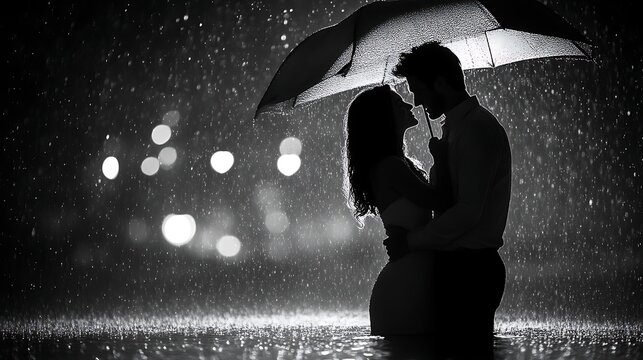 Romantic couple embracing under umbrella in rain. (2)
