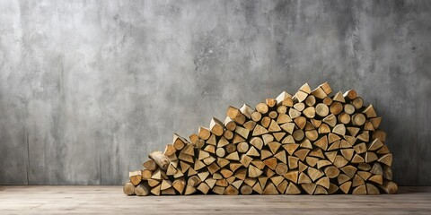 A neatly stacked pile of firewood rests against a textured wall, ready for a cozy winter fire.