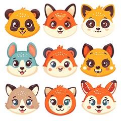 Fototapeta premium Nine adorable cartoon animal faces panda, fox, raccoon, rabbit, and more.
