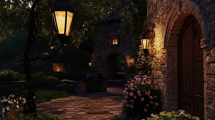 Fototapeta premium Enchanting Rustic Garden Path Illuminated by Cozy Lanterns at Historic Stone Manor