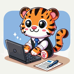 Cute tiger working with laptop and wearing a blezer vector image