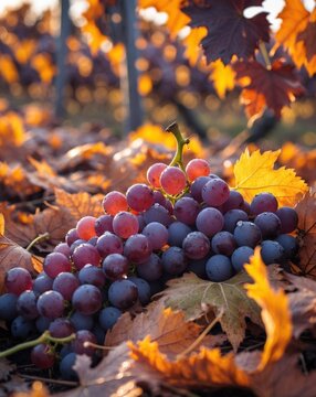 Ripe grapes lying on fallen autumn leaves in vineyard