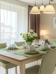 Elegant Dining Room Table Setting With White Dishes And Flowers