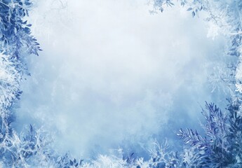 Frosty Winter Background with Delicate Leaves and Snowflakes Framing a Soft Blue Space Ideal for Seasonal Greeting Cards and Winter-Themed Designs