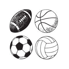 Fototapeta premium Set of sport ball vector collection isolated on white background. black Vector illustration. American Football, soccer, basketball, volleyball. Line style