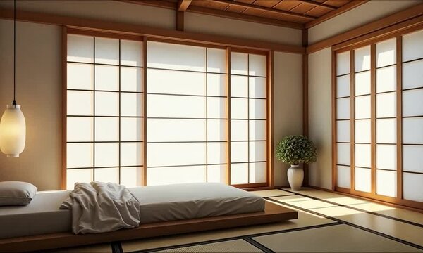 A tranquil Japanese-style bedroom with a futon bed, tatami mats, neutral colors, and shoji screens, simple and balanced