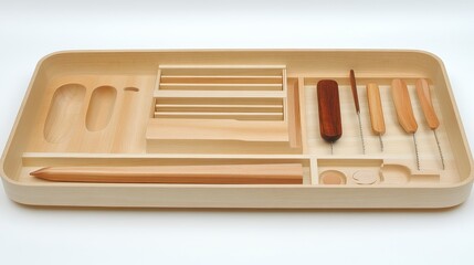 Wooden organizer tray with compartments and various tools.