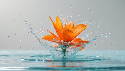 Orange flower splashing in water with dynamic motion