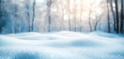 Fototapeta premium Gentle Snowfall Over a Serene Winter Landscape with Soft Focus on Snow-Covered Ground and Blurred Trees in a Tranquil Atmosphere of Nature's Beauty