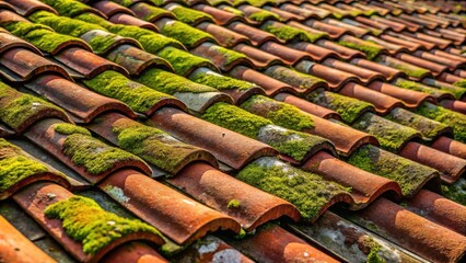 A sunlit close-up of aged clay roof tiles, richly textured with vibrant green moss growth