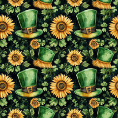 St patrick's day seamless watercolor pattern with green hats and sunflowers festive celebration artistic design