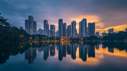 Obraz premium Cityscape Reflection at Sunset. Modern Architecture and Nature Harmony.