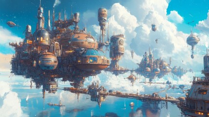 Futuristic floating city above cloudscape.