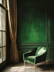 Green velvet armchair in a sunlit room with green walls