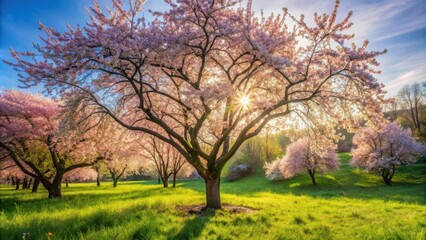 Obraz premium Sunlit Blossoms in a Spring Orchard A Majestic Pink Tree Basking in Golden Hour Light