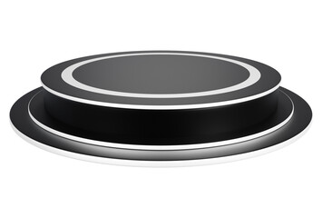 Black and silver pedestal display platform with modern podium stand. Empty Exhibition stage background or empty product shelves.