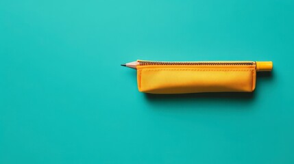 Yellow pencil case with pencil on teal background.