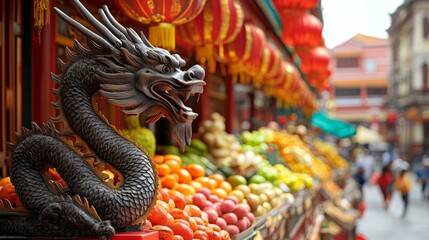 Fototapeta premium Dragon Statue Guards Colorful Fruit Market Display