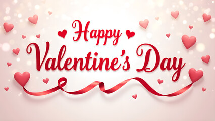Naklejka premium Happy Valentine's Day greeting card with red ribbon and hearts. Romantic and festive design.