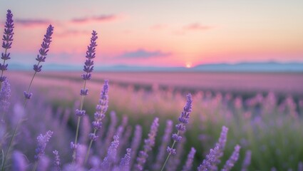 Serene lavender field at sunset with picturesque sky