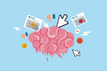 Brain rot toxic social media addiction causing depression, anxiety and negative harmful mind, online overwhelmed, cyber bullying or doomscrolling concept, human brain rot with toxic social media.
