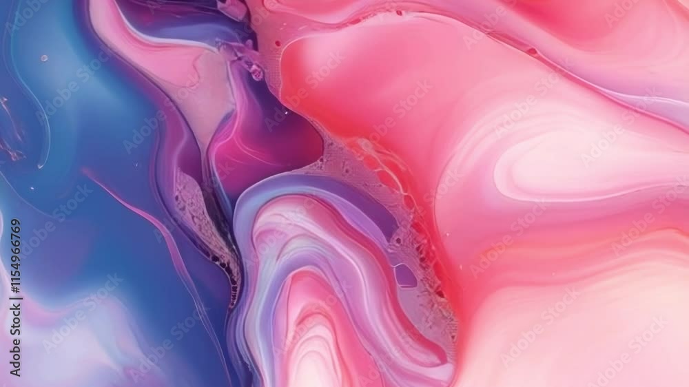 Poster Abstract animation with colorful waves and swirling streams of pink, red and blue hues that create a psychedelic background effect