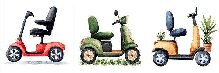 aging population future concept. Three colorful mobility scooters with varying designs and features.
