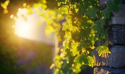 Obraz premium Golden hour sunlight on ivy growing on a stone wall.