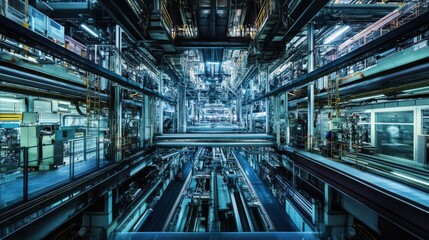 Industrial interior with complex machinery and pipelines.