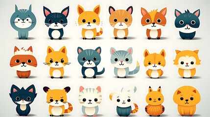 Collection of cute cartoon cats and kittens in various colors and poses.