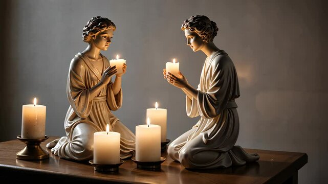 Angel Statues with Candles: Two angelic figures, kneeling and holding candles, illuminate the scene with a soft, ethereal glow, creating a peaceful and contemplative atmosphere.
