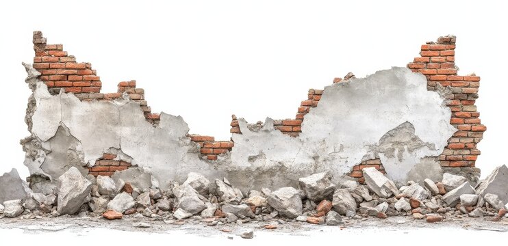 Destroyed brick wall with rubble isolated on white.