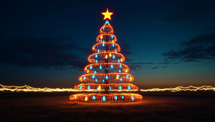 A large Christmas tree made of lights, illuminated against the night sky in an airport field. The...